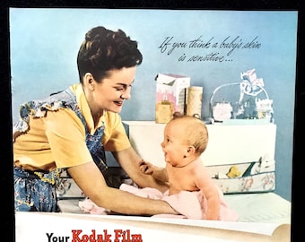 1945 Kodak Film Ad, Mother and Baby, Vintage Magazine Print