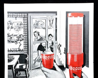 May include: Vintage advertisement for Dixie Cups. The image shows a red Dixie Cup dispenser and a red Dixie Cup being held by a person. The ad features text promoting the cups for various uses and highlights their convenience.