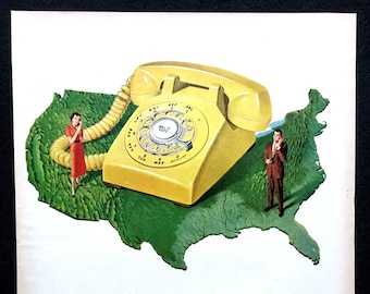 Anuncio de teléfono Bell de 1958, teléfono de disco amarillo, impresión vintage