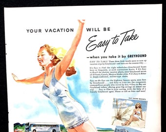 Anúncio da Greyhound de 1947, Arte Publicitária de Viagens Vintage, Impressão de Revista