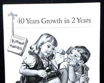 Anuncio de Bell Telephone de 1948: Niños usando teléfonos. Impresión vintage.