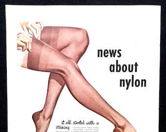 May include: Vintage advertisement featuring a woman's legs in nylon stockings. The image shows a close-up of the legs with the text "news about nylon." Additional images depict a fisherman, a woman with a blue bow, and sailboats.