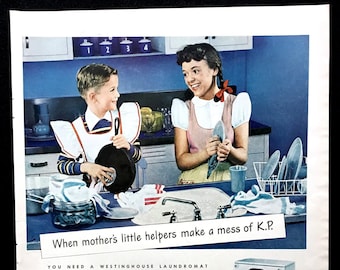 1945 Westinghouse Waschsalon Werbung, Vintage Zeitschriftendruck