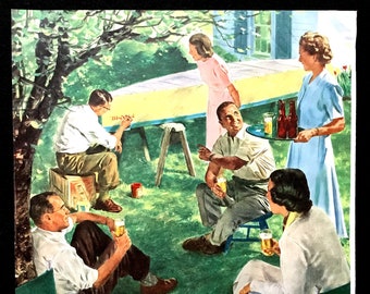 1950 &quot;Beer Belongs&quot; Vintage Ad, Advertising Art, Magazine Ad, Canoe, Advertisement, 1950&#39;s Couples, Great to Frame.