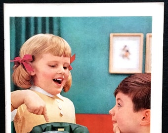 Anuncio de teléfono Bell de 1957, teléfono de disco, niños, impresión vintage