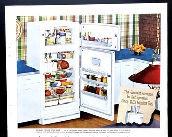 1954 General Electric Refrigerator Freezer Vintage Ad, Advertising Art, Print Ad, 1950&#39;s Kitchen, Advertisement, Great to Frame.