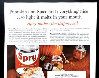 1955 Spry Ad, Pumpkin Pie Recipe, Vintage Kitchen Print