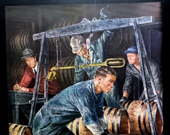 May include: A vintage advertisement for Imperial Blended Whiskey. The ad features a group of men working in a whiskey distillery, with barrels and a scale in the background. The text reads "87 years at fine whiskey-making makes this whiskey good." and "Hiram Walker's Blended Whiskey".