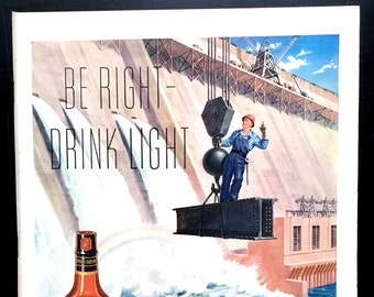 Anuncio de whisky King Black Label de 1945, impresión de revista vintage