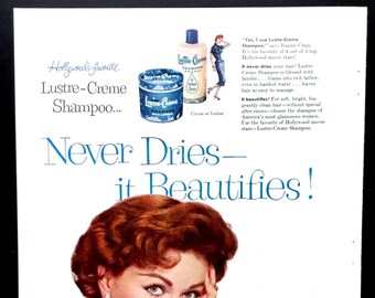 1956 Lustre-Creme Shampoo Vintage Ad, Jeanne Crain, Advertising Art, Magazine Ad, Print Ad, Great to Frame.