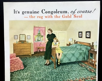 1930's Congoleum Gold Seal Rugs Anuncio vintage, arte publicitario, decoración de 1930, anuncio de revista, anuncio impreso, excelente para enmarcar.