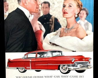 Anuncio vintage de Cadillac de 1954, arte publicitario, anuncio de revista, anuncio impreso, pareja de los años 50, anuncio, ideal para enmarcar.