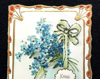 1907 Vintage Floral Christmas Greeting Card, Victorian Holiday