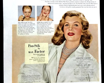 1952 Max Factor Pan-stik Ad, Corinne Calvet, Ladies' Home Journal