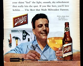 1955 Schlitz Beer Ad, "Feel the Difference" Vintage Print