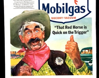 1941 Mobilgas Vintage Ad, Werbezeitschrift, Sheriff-Werbung, Print-Werbung, Werbung, ideal zum Einrahmen.