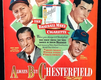 Anuncio vintage de cigarrillos Chesterfield de 1948, arte publicitario, béisbol, Ted Williams, anuncio impreso, Stan Musial, anuncio de revista, excelente para enmarcar.