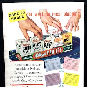 1943 Kellogg&#39;s Cereal Variety Pack Vintage Ad, Advertising Art, Magazine Ad, WWII, Print Ad, Advertisement, Great to Frame.