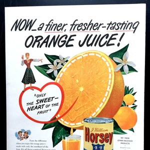 1948 J. William Horsey Orange Juice Vintage Ad, Advertising Art, Magazine Ad, Print Ad, Orange, Advertisement, Great to Frame.