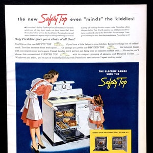 Annuncio vintage della gamma elettrica Presteline del 1947, cucina degli anni '40, arte pubblicitaria, annuncio su rivista, annuncio stampato, ottimo da incorniciare.