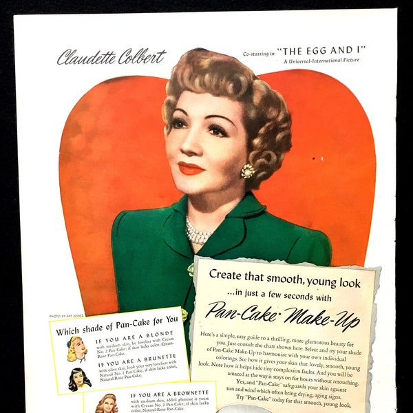 1947 Max Factor Vintage Ad, Advertising Art, Claudette Colbert, Make-Up, Print Ad, Advertisement, Great to Frame.