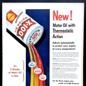 1957 Shell X-100 Motor Olie Vintage Ad, Reclame Kunst, Tijdschrift Ad, Print Ad, Advertentie, Geweldig om te Framen.