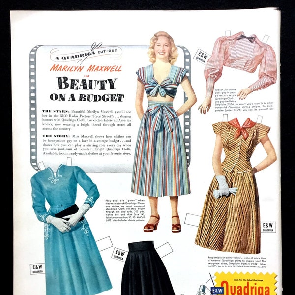 1948 Quadriga Cloth Vintage Ad, Advertising Art, Magazine Ad, 1940's Fashion, Print Ad, Marilyn Maxwell, Great to Frame.