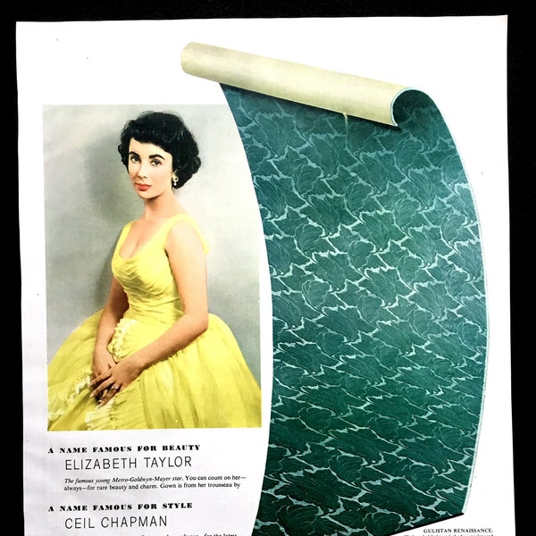 1950 Gulistan Carpet Vintage Ad Featuring Elizabeth Taylor, Mid Century Modern, Retro Ad, Retro Decor, Carpet, 1950's Fashion, Ceil Chapman.