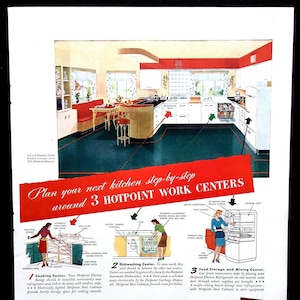 1945 Hotpoint Kitchens Vintage Ad, Advertising Art, Magazine Ad, Print Ad, 1940's Kitchen, Great to Frame.