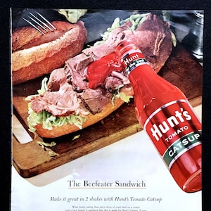 1963  Hunt&#39;s Tomato Catsup Vintage Ad, Advertising Art, Ketchup, Magazine Ad, Print Ad, Advertisement, Great to Frame.