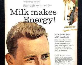 Melkadvertentie uit 1958, 'Melk maakt energie!', vintage keukendecor