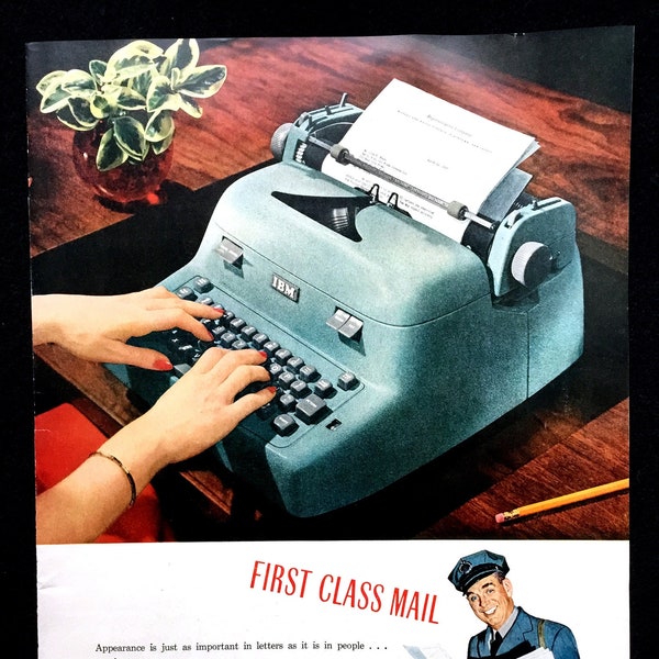 1950's IBM Electric Typewriters Vintage Ad, Advertising Art, Magazine Ad, Typing, Print Ad, Great to Frame.