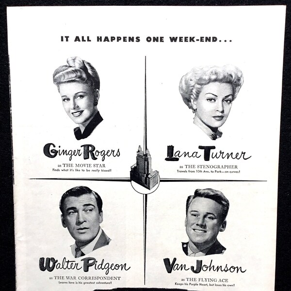 1945 "Week-End at the Waldorf" Vintage Movie Ad, Advertising Art, Lana Turner, Print Ad, Ginger Rogers, Great to Frame.