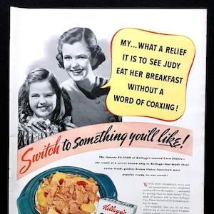 1940 Kellogg&#39;s Corn Flakes Vintage Ad, Advertising Art, Magazine Ad, Cereal, Print Ad, Advertisement, Great to Frame.