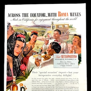 1944 Roma Wines Vintage Ad, Advertising Art, Magazine Ad, California Sherry, Print Ad, Advertisement, Great to Frame.