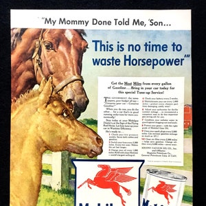 1942 Mobilgas Vintage Ad, Advertising Art, Magazine Ad, 1940&#39;s Travel, WWII, Advertisement, Horses, Great to Frame.