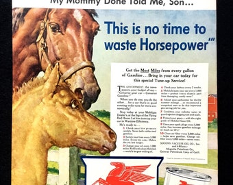 1942 Mobilgas Vintage Ad, Advertising Art, Magazine Ad, 1940&#39;s Travel, WWII, Advertisement, Horses, Great to Frame.