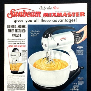 Anúncio vintage Sunbeam Mixmaster de 1952, arte publicitária, mixer, anúncio de revista, propaganda, decoração de cozinha, ótimo para emoldurar.