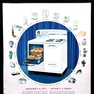 Pubblicità vintage Westinghouse del 1947, cucina elettrica, arte pubblicitaria, fornelli, pubblicità su una rivista, elettrodomestici, ottima da incorniciare.