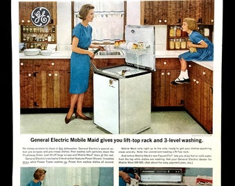 1963 GE Appliances Vintage Ad, 1960&#39;s Kitchen, Advertising Art, Magazine Ad, Mobile Dishwasher, Print Ad, Advertisement, Great to Frame.