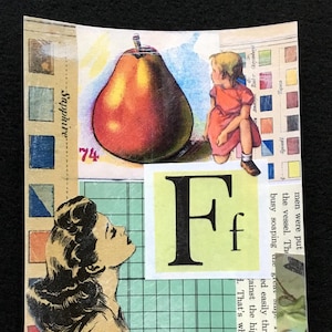 Original Collage Kunst, handgefertigt, ungerahmte Papiercollage, Wandkunst, Birne, Vintage-Papiere, ideal zum Einrahmen.