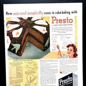 1942 Presto Cake Flour Vintage Ad, Advertising Art, Magazine Ad, Chocolate Cake, Print Ad, Advertisement, Great to Frame. image 1