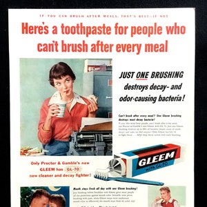 1955 Gleem Zahnpasta Vintage Anzeige, Werbekunst, Zeitschriften-Werbung, Print-Werbung, Sekretärin, Werbung, großartig zum Einrahmen.