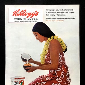 1965 Kellogg&#39;s Corn Flakes Vintage Ad, Advertising Art, Magazine Ad, Kitchen Decor, Print Ad, Cereal, Great to Frame.