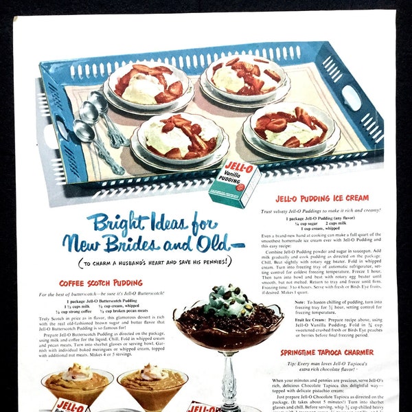 1950's Jell-O Puddings Vintage Ad, Advertising Art, Magazine Ad, print Ad, Dessert, Kitchen Decor, Great to Frame.