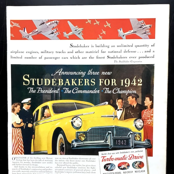 1942 Studebaker Vintage Ad, Advertising Art, Magazine Ad, WWII, Print Ad, Retro Car Ad, Advertisement, Great to Frame.