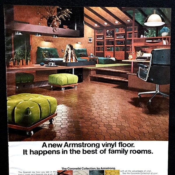 1968 Armstrong Vinyl Flooring Vintage Ad, Advertising Art, Mid Century Modern, Magazine Ad, 1960's Decor, Print Ad, Great to Frame.