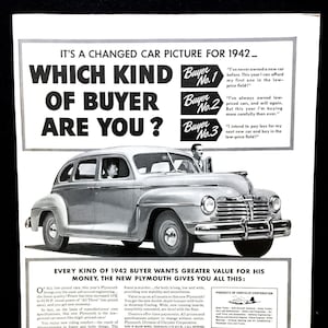 1941 Plymouth Vintage Ad, Advertising Art, Magazine Ad, Print Ad, WWII, Great to Frame.