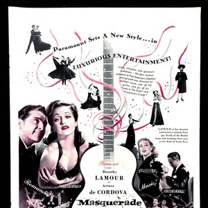 1946 &quot;Masquerade in Mexico&quot; Vintage Movie Ad, Advertising Art, Dorothy Lamour, Magazine Ad, Musical, Great to Frame.
