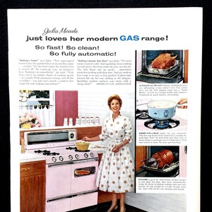 Annuncio vintage dell'industria del gas degli anni '50, arte pubblicitaria, annuncio su rivista, annuncio stampato, cucina degli anni '50, ottimo da incorniciare.